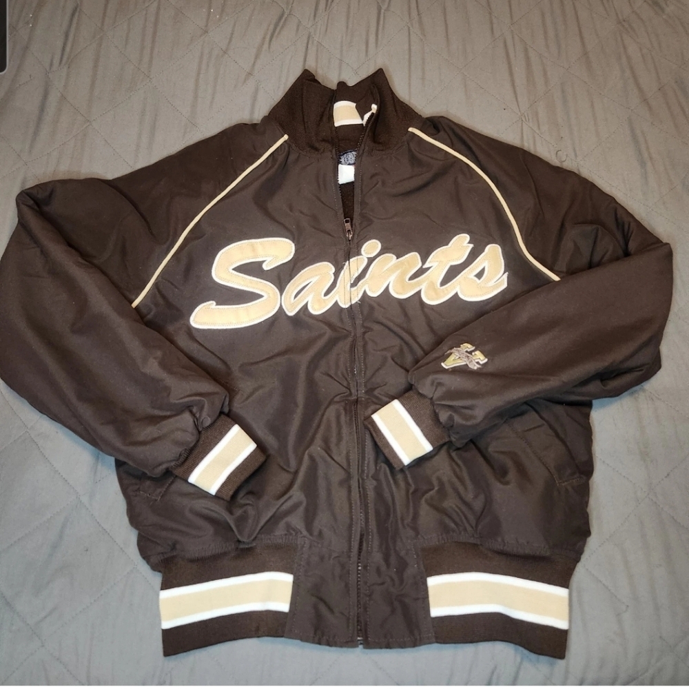 Vintage Made In USA Size Medium Brown Gold Saints Bomber Varsity Jacket Sports